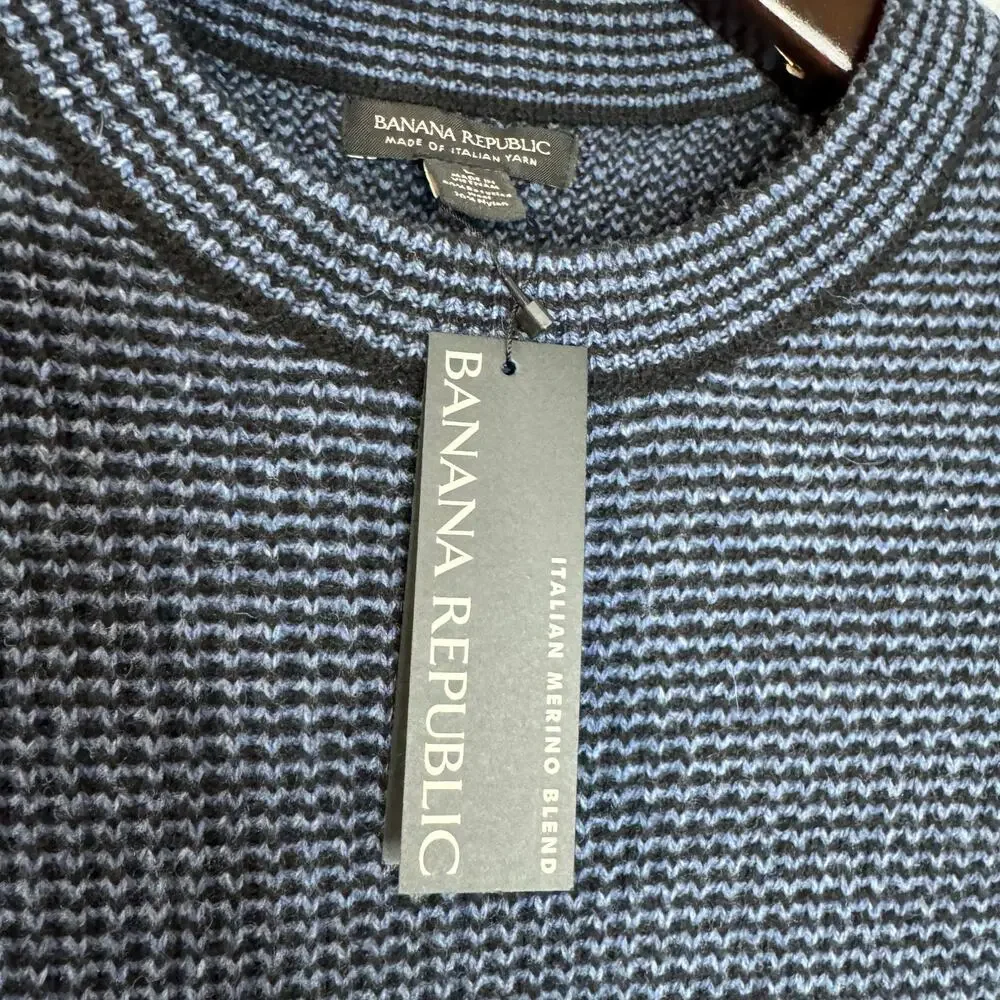 Banana Republic Mens Adrano Striped Italian Wool Blend Sweater Preppy Navy L